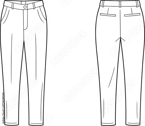 ront and back technical sketch of tailored trousers, slant pockets, welt pockets, tapered leg design, fashion flat drawing, garment construction, apparel illustration