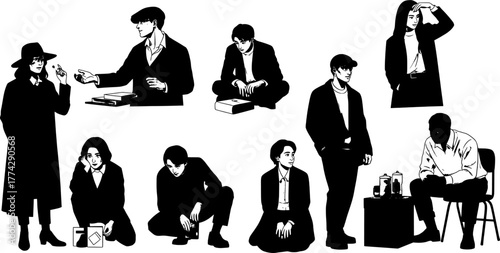 Stylized Monochrome Silhouette Collection Depicting Diverse Human Poses and Activities for Design Projects