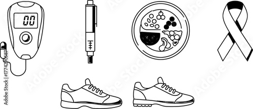 Health and Wellness Icons Diabetes Monitoring, Fitness, and Awareness Symbols
