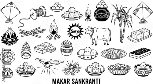Makar Sankranti Festival Doodle Illustration: Kite Flying, Bonfire, Sweets  Traditions