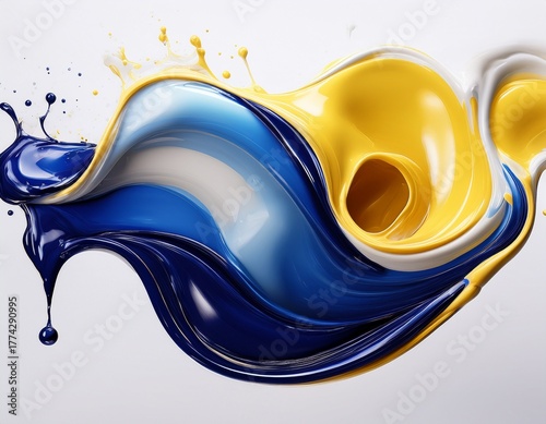 Dynamic abstract swirl of vibrant liquid paint splashes in yellow, blue, and white creating a modern, energetic, and fluid motion perfect for creative projects and design backgrounds