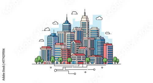 Modern city skyline with various buildings, green trees, and abstract technological connections representing smart urban development.
