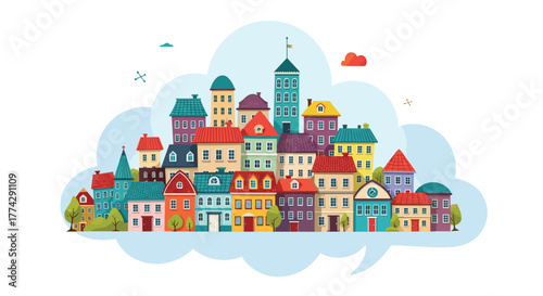 A charming, colorful cartoon town with diverse buildings nestled within a cloud-like speech bubble, symbolizing community and communication.