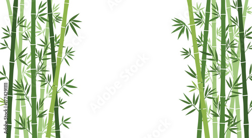 Lush green bamboo stalks and leaves frame a central white space, creating a natural and serene botanical border for design.