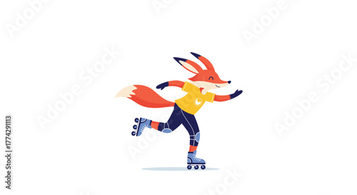A cheerful cartoon fox wearing protective gear joyfully roller skating across a white background.