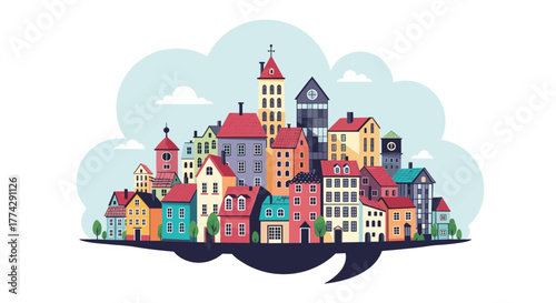 Whimsical cartoon city with colorful houses and buildings nestled within a floating speech bubble shape, symbolizing urban life and dialogue.
