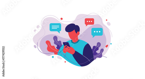 A person is actively engaging with their mobile phone, surrounded by various message bubbles, symbolizing digital communication and online interaction.