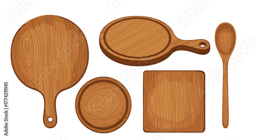 A collection of different wooden kitchen utensils and boards, showcasing various shapes and wood grain textures for cooking and serving.