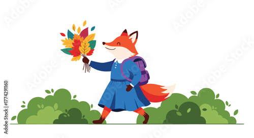 A cheerful fox student in a blue dress and backpack walks happily with a vibrant bouquet of autumn leaves, ready for school.