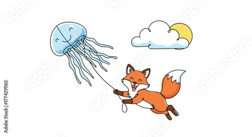A cute, happy cartoon fox is flying a blue jellyfish kite in a clear sky with a white cloud and a yellow sun shining brightly.
