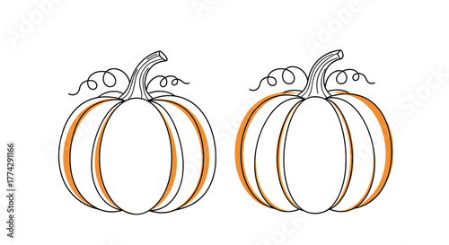 Two minimalist line art pumpkins with orange highlights and curly tendrils, representing the autumn season, Halloween, and Thanksgiving festivities.