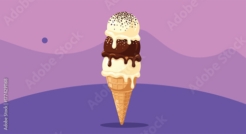 A delicious triple-scoop ice cream cone, with vanilla and chocolate flavors melting and topped with sprinkles, on a vibrant purple, wavy background.