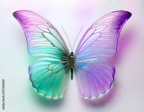 Stunning iridescent butterfly with translucent wings, shimmering in ethereal pastel teal and vibrant purple hues, symbolizing transformation and delicate beauty.