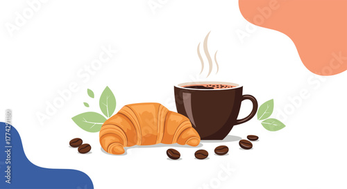 An inviting breakfast illustration showcasing a golden croissant, a hot cup of coffee with steam, and aromatic coffee beans on a clean background.