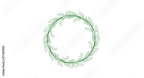 A hand-drawn green leaf wreath forming an elegant circular frame on a clean white background, perfect for natural designs.