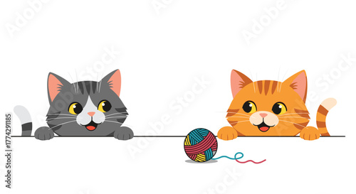 Playful grey and orange cartoon cats happily peek over a white surface, with a colorful ball of yarn between them.