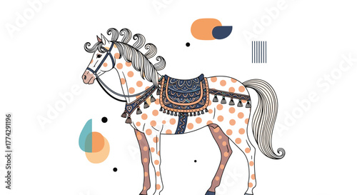 Beautiful ornate horse illustration with peach polka dots and a decorative saddle, against a minimalist white background.