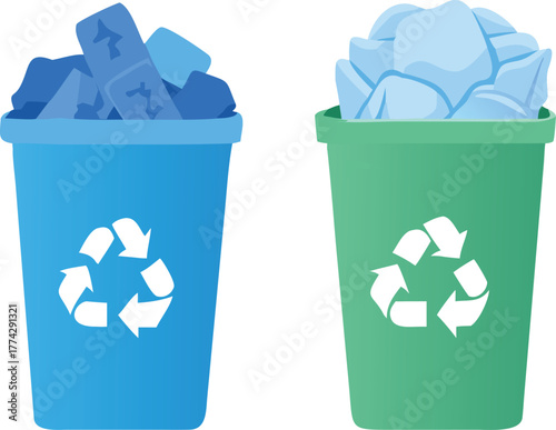 Two recycling bins one for paper and one for plastic materials