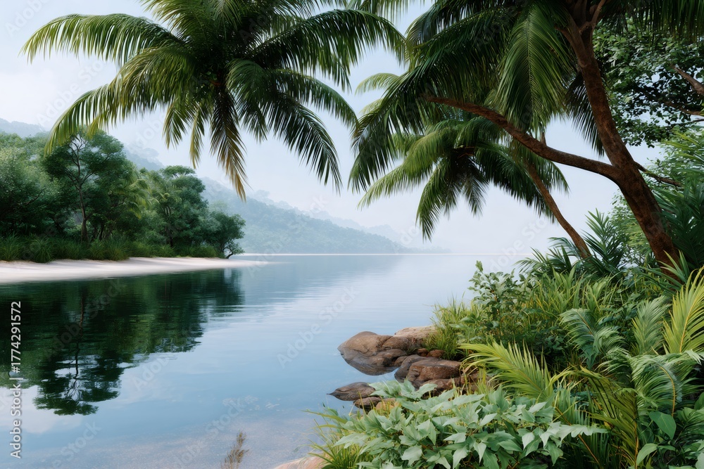 Fototapeta premium Tropical beach with palm trees reflecting in calm water