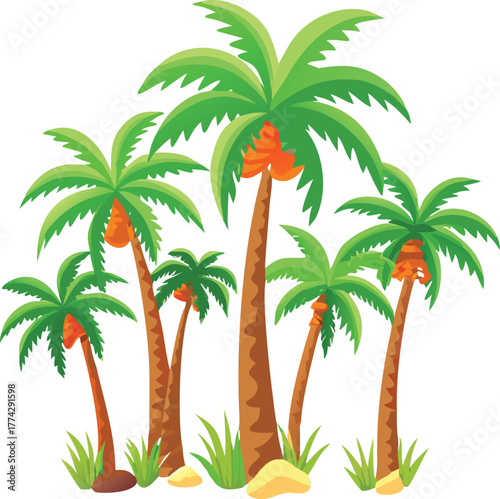 A charming illustration depicts a cluster of vibrant tropical palm trees