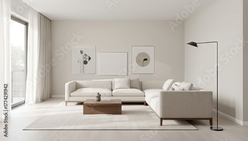 A modern, minimalist interior living space showcases a light-filled ambiance, featuring a white sectional sofa, natural wood coffee table, area rug, and abstract artwork, creating a cozy and bright...