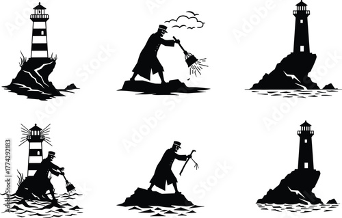 Lighthouse silhouette, maritime scene, lighthouse keeper, sweeping action, rocky coast, ocean view, black and white, minimal style, nautical theme, dramatic contrast