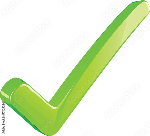 A bright green glossy check mark symbol on a white background