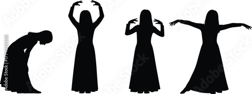 Silhouette woman worship dance poses, graceful movement illustration, elegant long dress art, spiritual female figure vector, faith expression, artistic performance design