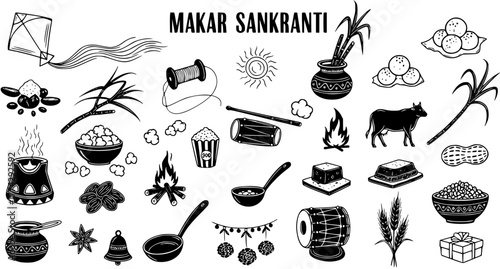 Makar Sankranti festival elements black and white line art vector collection. Traditional Indian harvest festival symbols, food, and activities illustration.