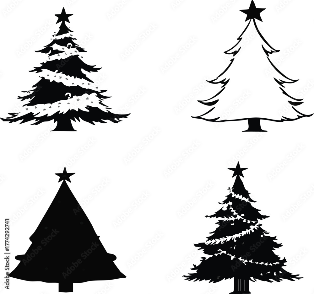 Obraz premium Christmas tree icon set with black-and-white silhouettes, outlines, and decorated festive designs