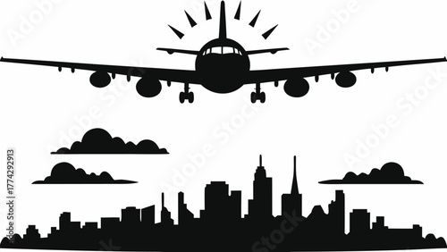 Dramatic airplane descends over a modern city skyline with stylized clouds creating an iconic silhouette.