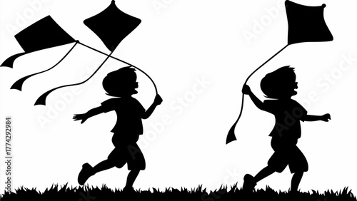 Joyful children running with kites in a grassy field, capturing pure childhood freedom and outdoor fun.