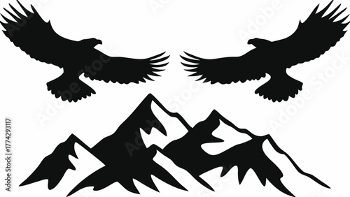 Soaring eagles majestically fly above rugged mountain peaks, symbolizing freedom and wild spirit.