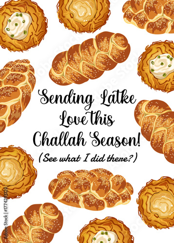 Humorous Hanukkah Greeting Card Template with Challah and Latkes Pattern - Sending Latke Love This Challah Season Pun
