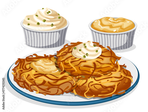 Isolated Plate of Hanukkah Latkes (Potato Pancakes) with Sour Cream and Apple Sauce Toppings