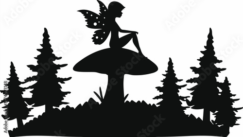 Enchanting fairy silhouette rests on a mushroom amidst a whimsical forest scene
