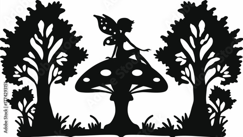 Whimsical fairy perched on a mushroom amidst enchanted forest trees, perfect for magical designs