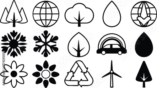 Collection of environmental and nature icons in black and white line art style Keywords: tree, trees, forest, globe, earth, world, cloud, raindrop