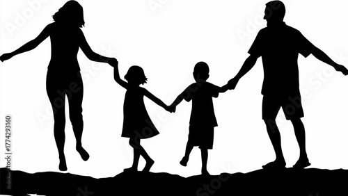 Joyful family holding hands, walking together across the land, celebrating unity and connection