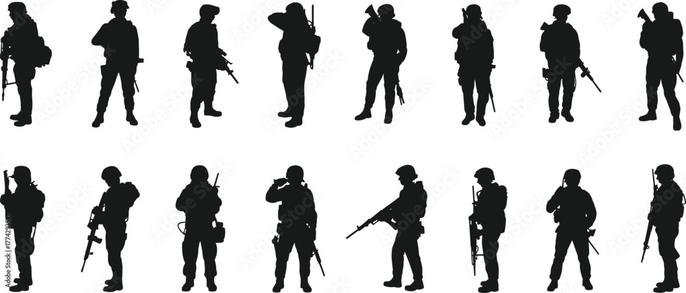 Obraz premium Silhouette of soldiers with rifles, military army team standing and walking, armed forces combat troops, warfighters in uniform on white background