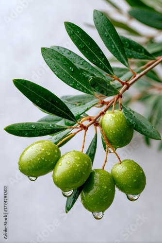 Wallpaper Mural Healthy green olives on branch with water drops Torontodigital.ca