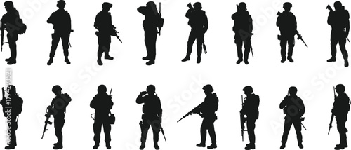 Silhouette of soldiers with rifles, military army team standing and walking, armed forces combat troops, warfighters in uniform on white background