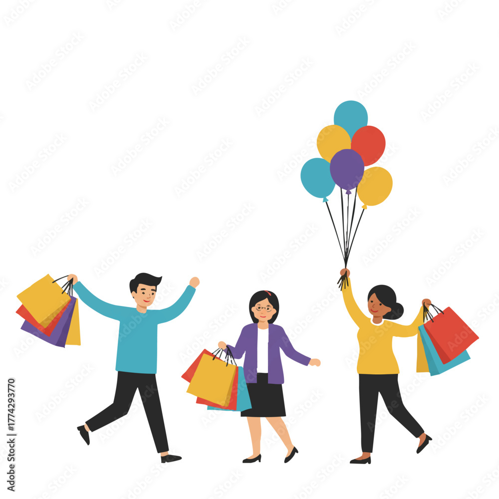 Fototapeta premium Stylish shoppers carrying colorful balloons and large shopping bags celebrate successful purchases in a clean 2D flat minimalist vector illustration against an isolated white background.