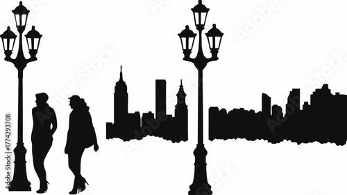 Elegant city skyline silhouette with stylish women walking past classic street lamps at dusk creating urban chic
