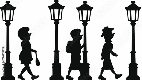 Charming black silhouettes of people strolling along a vintage-style street with classic lampposts
