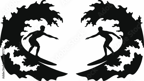 Dynamic surfing silhouettes riding powerful waves, perfect for summer vibes and ocean adventures design