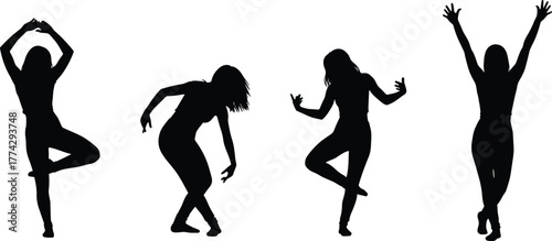 Silhouette women dancing, graceful female poses, expressive body movement, contemporary dance illustration, modern art vector, elegant performance, freedom of motion design, black silhouette artwork