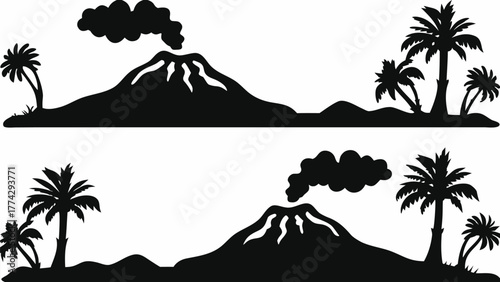 Silhouette tropical island paradise with smoking volcano and palms creating a serene tranquil landscape