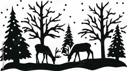 Enchanting winter scene with reindeer grazing among snow-dusted trees, a magical holiday illustration