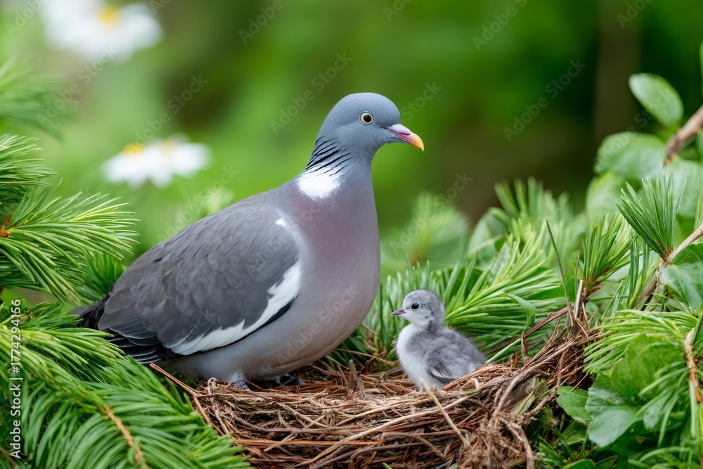 Fototapeta premium Wood pigeon parent protecting young chick in nest
